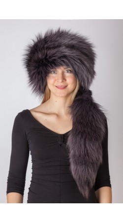 Dark blue fox fur hat with tail